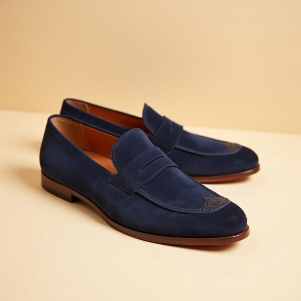 Navy Suede Penny Loafers