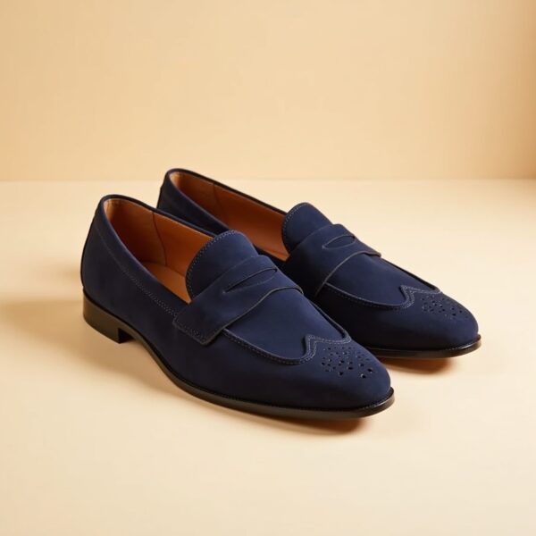Navy Suede Penny Loafers - Image 2