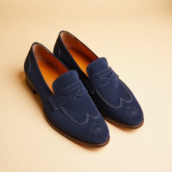 Navy Suede Penny Loafers - Image 3
