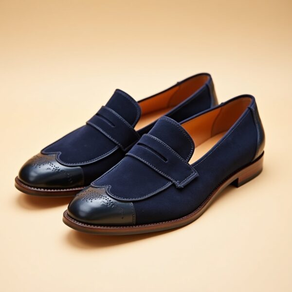 Navy Suede Penny Loafers - Image 4